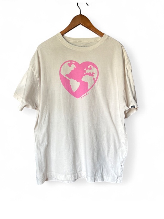 PINK Victoria's Secret Tops - Victoria’s Secret PINK White Oversized White Graphic Tee with Pink Heart Globe